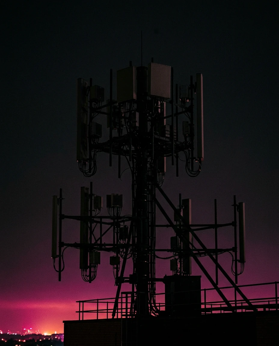 UK rooftop telecoms mast at night